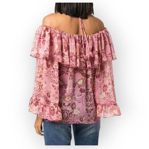 Misa Los Angeles Soraya Pink Floral Ruffle Halter Cold Shoulder Blouse - Picture 5 of 15